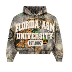 Camouflage hoodie with 'Florida A&M University' text on a white background