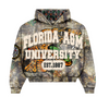 Camouflage hoodie with 'Florida A&M University' text on a white background